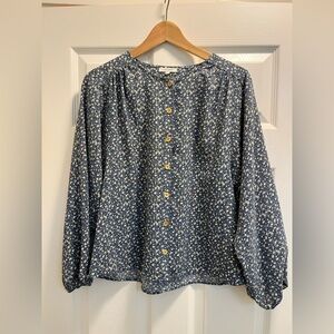 Pleione Peasant Blouse in Blue Floral Print